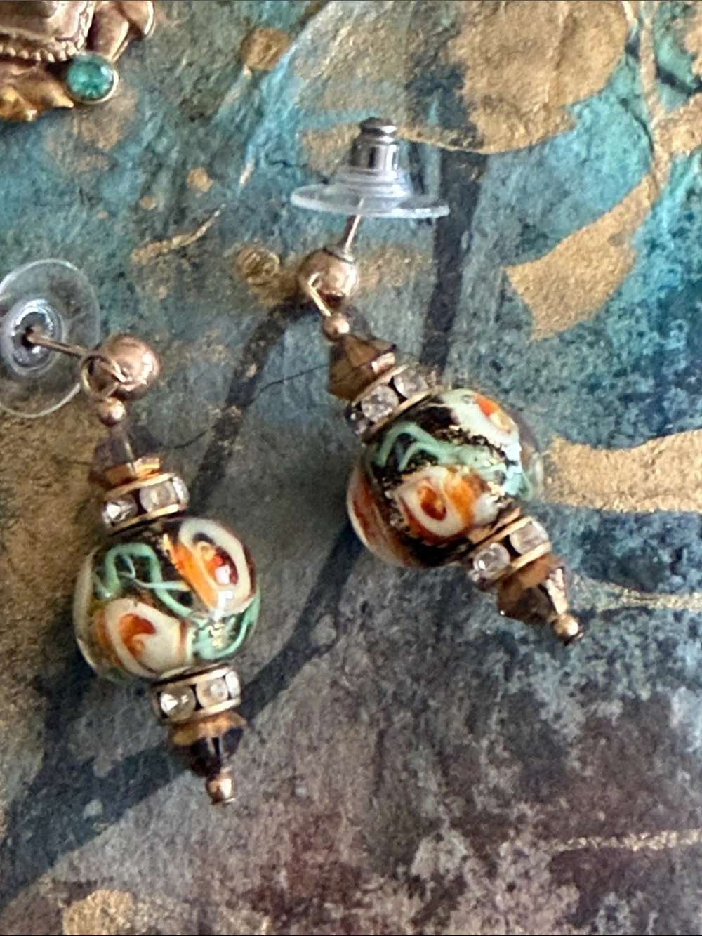 Handmade blown glass orange flowers crystal rhondelles posts pierced earrings